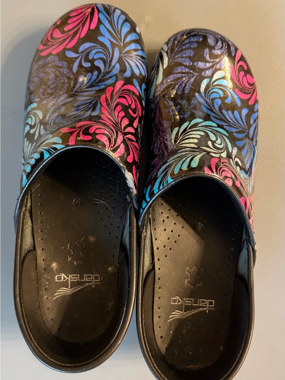 Dansko Women's Black Clogs with Pink, Blue & Teal Floral Print
